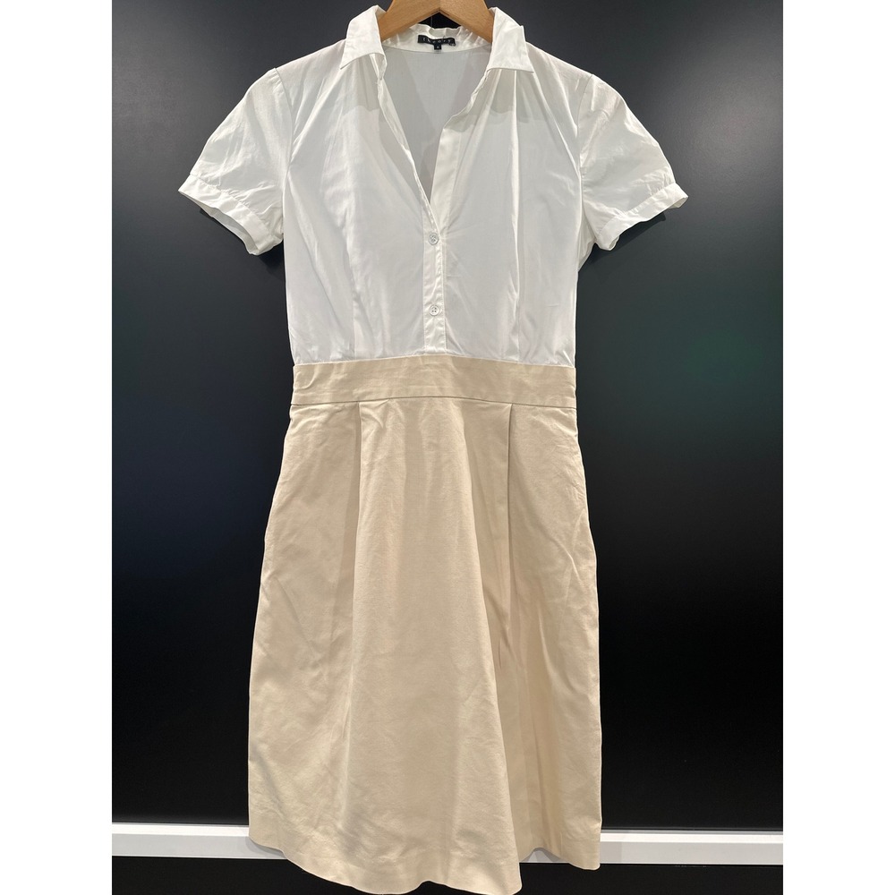 Theory Womens White Tan Short Sleeve Button Down Side Zip Shirt Dress Size 6